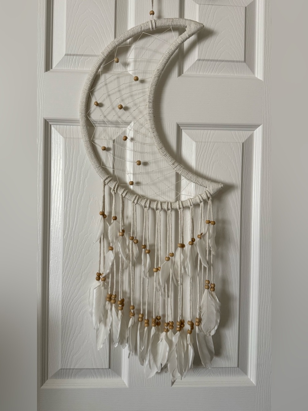 Macrame Half Moon Dreamcatcher: White Feather Wall Art